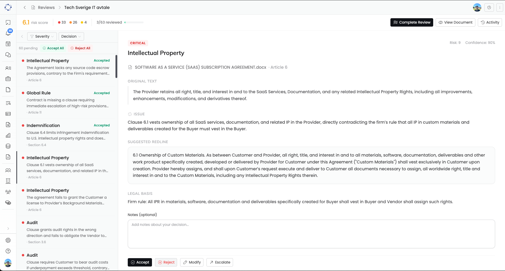 Contract review results in PONS showing flagged clauses against playbook criteria