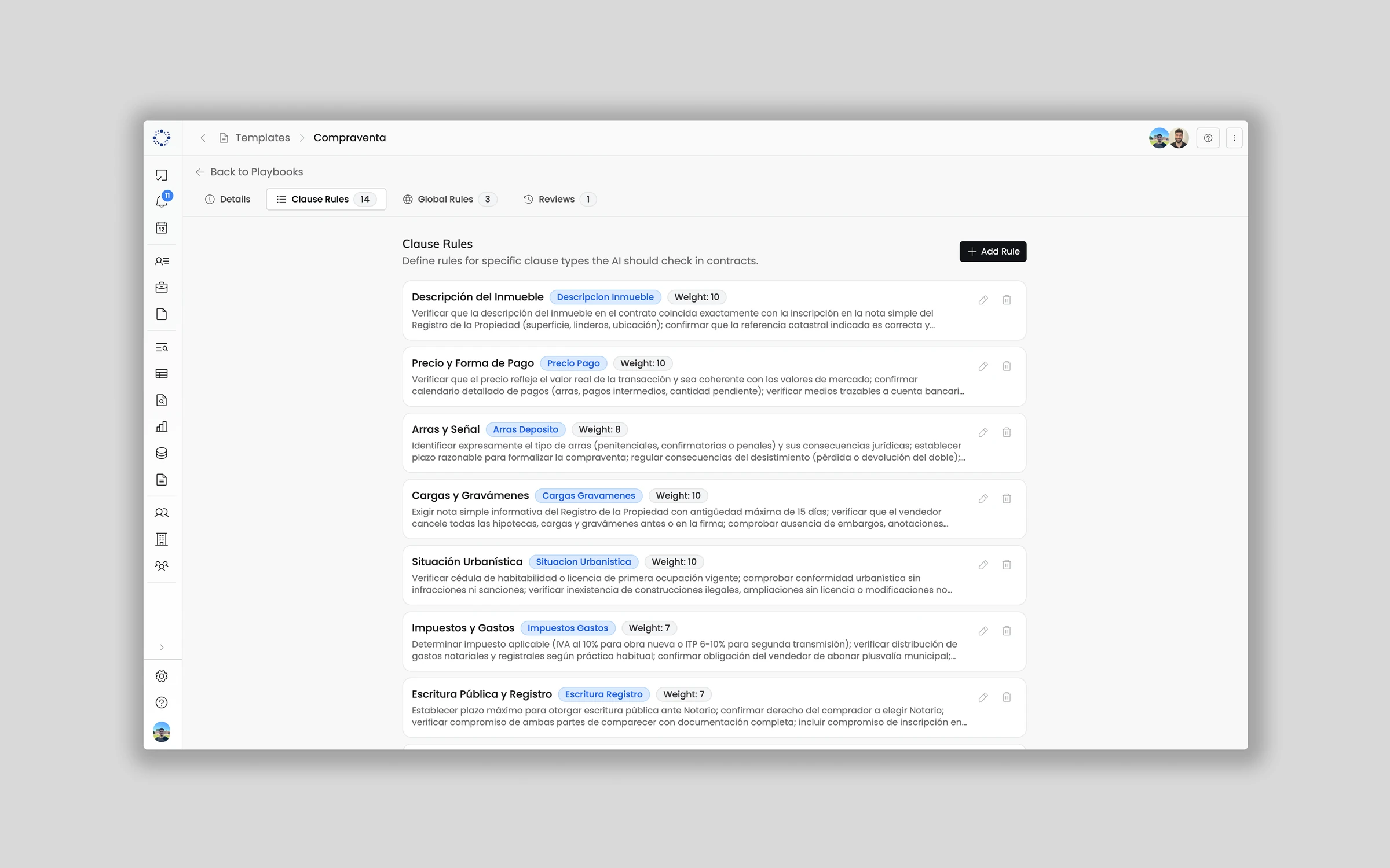 Define rules for each clause type