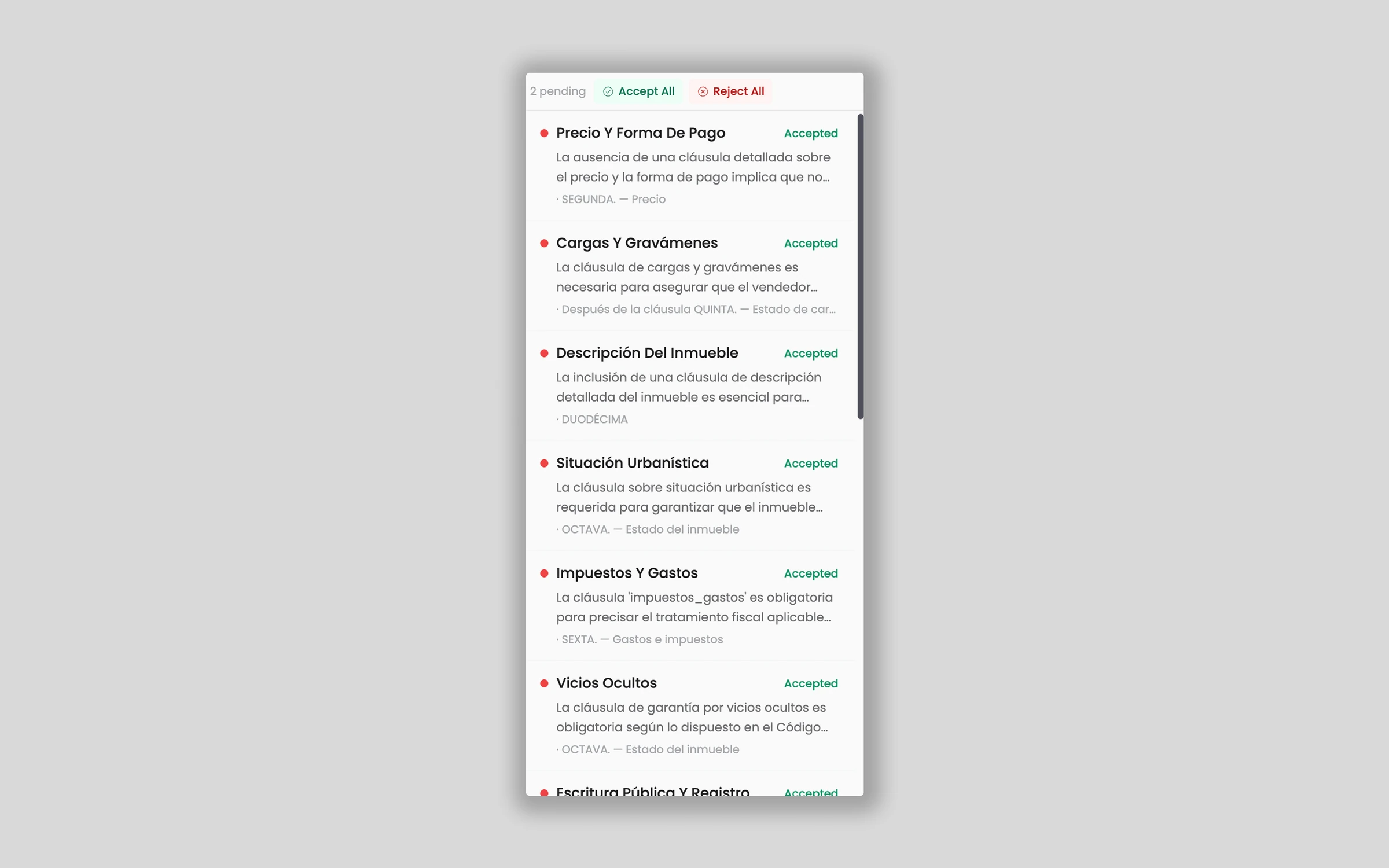 Each finding shows risk level, clause text, and playbook rule