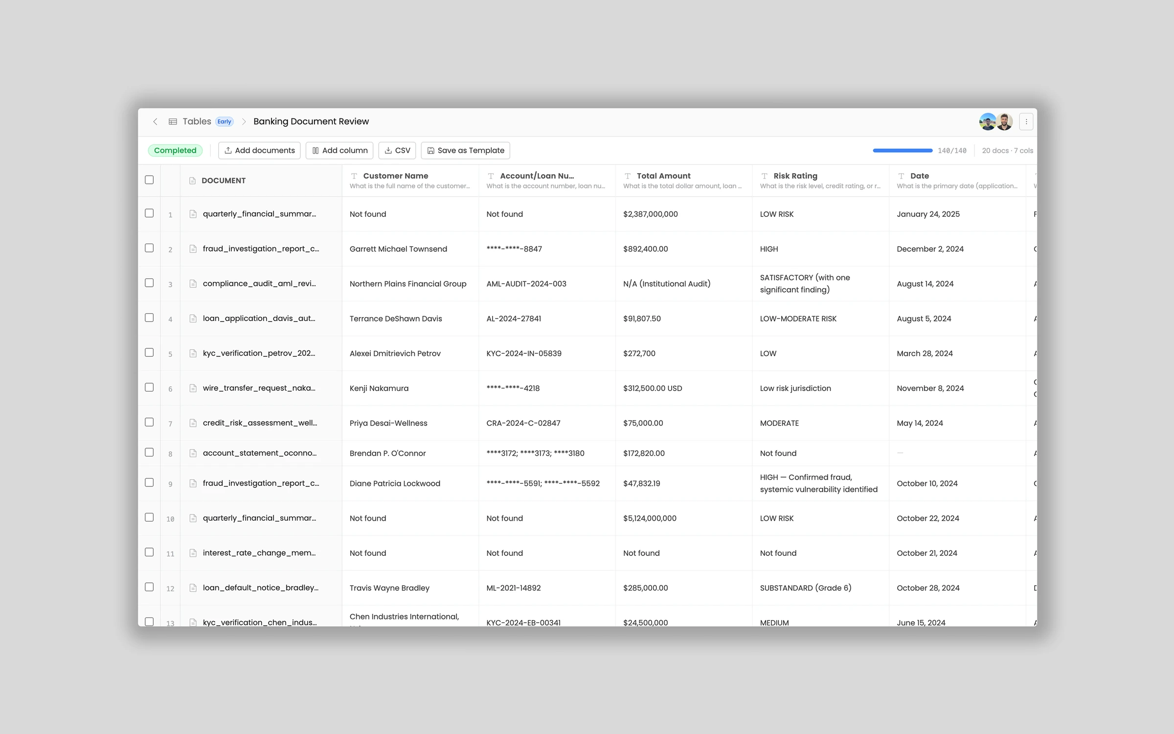 Review hundreds of financial agreements in one batch