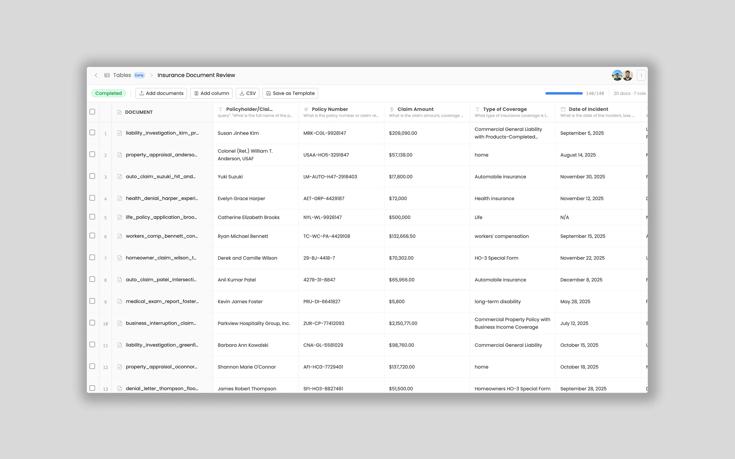 Review policies and claims documents in bulk